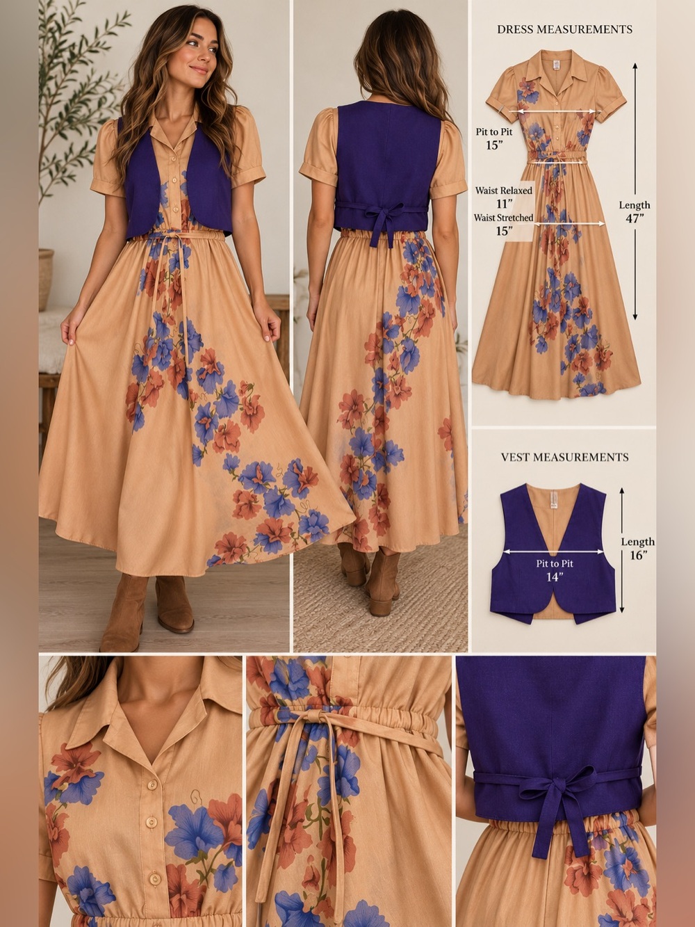Vintage ILGWU Floral Maxi Dress Purple Vest Belt Union Made USA